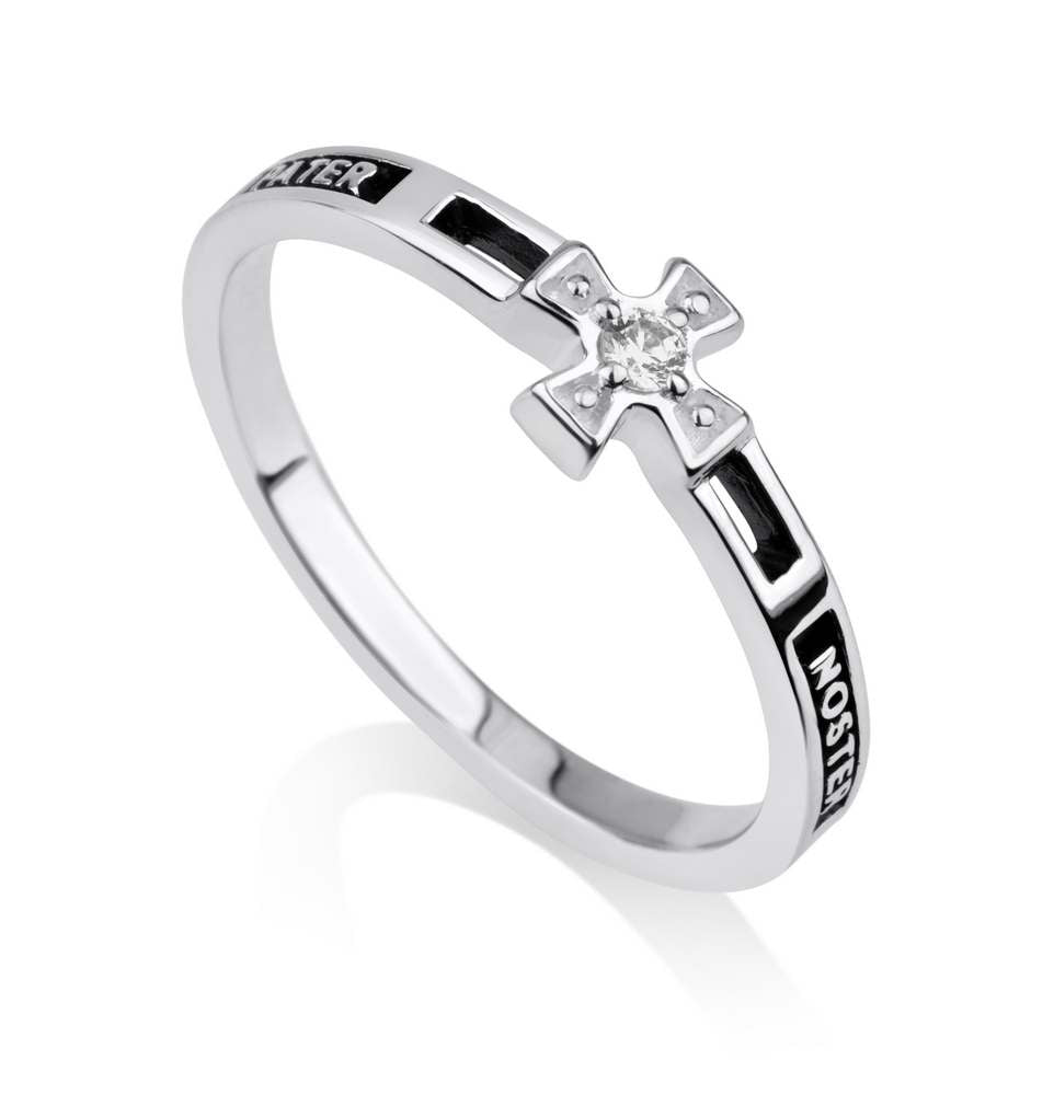 Sterling silver Pater Noster Our Father prayer ring with Latin cross and white zircon. Black enamel engraving. Handcrafted in Jerusalem, Israel since 1983.