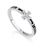 Sterling silver Pater Noster Our Father prayer ring with Latin cross and white zircon. Black enamel engraving. Handcrafted in Jerusalem, Israel since 1983.