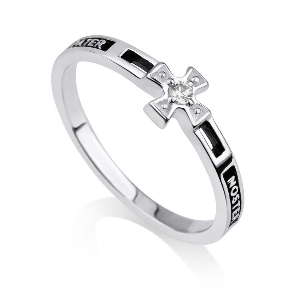 Sterling silver Pater Noster Our Father prayer ring with Latin cross and white zircon. Black enamel engraving. Handcrafted in Jerusalem, Israel since 1983.