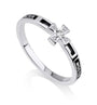 Sterling silver Pater Noster Our Father prayer ring with Latin cross and white zircon. Black enamel engraving. Handcrafted in Jerusalem, Israel since 1983.