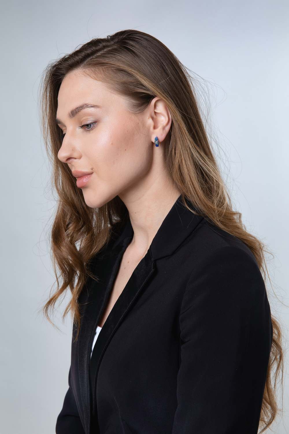 Eilat Stone earrings on model - Marina Jewelry Holy Land