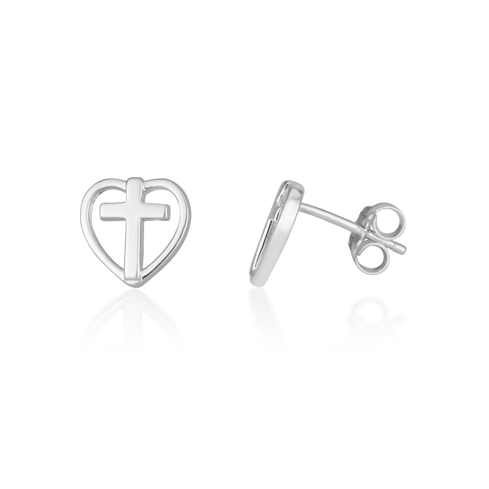 Heart and cross stud earrings sterling silver open heart design - Marina Jewelry Holy Land