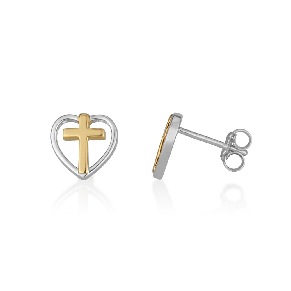 Heart Gold Cross Stud Earrings Two-Tone Sterling Silver Holy Land - Marina Jewelry