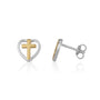 Heart Gold Cross Stud Earrings Two-Tone Sterling Silver Holy Land - Marina Jewelry
