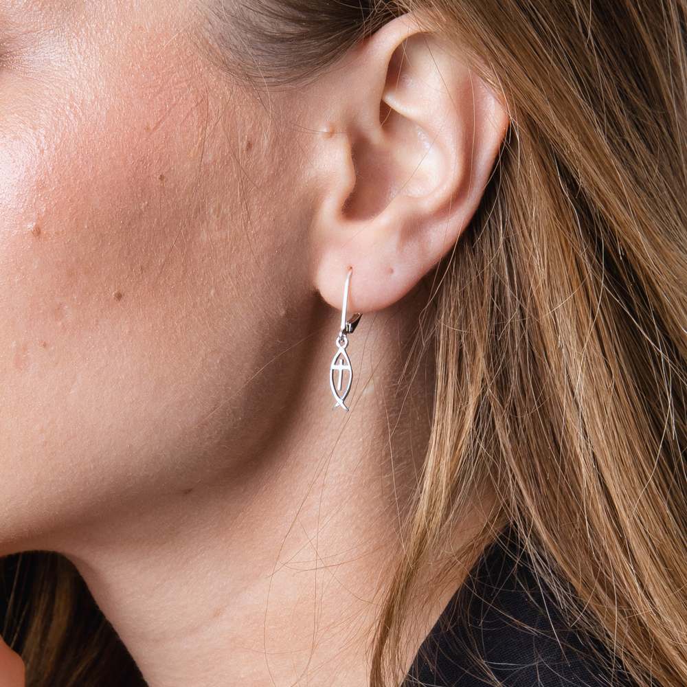 Fish & Cross Drop Earrings in 925 Sterling Silver