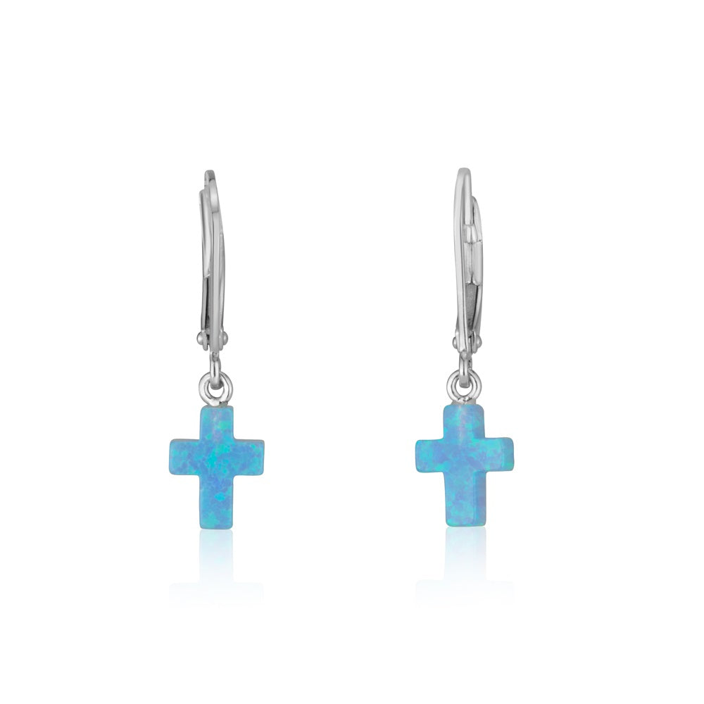 Blue Opal Cross Drop Earrings Sterling Silver Holy Land - Marina Jewelry