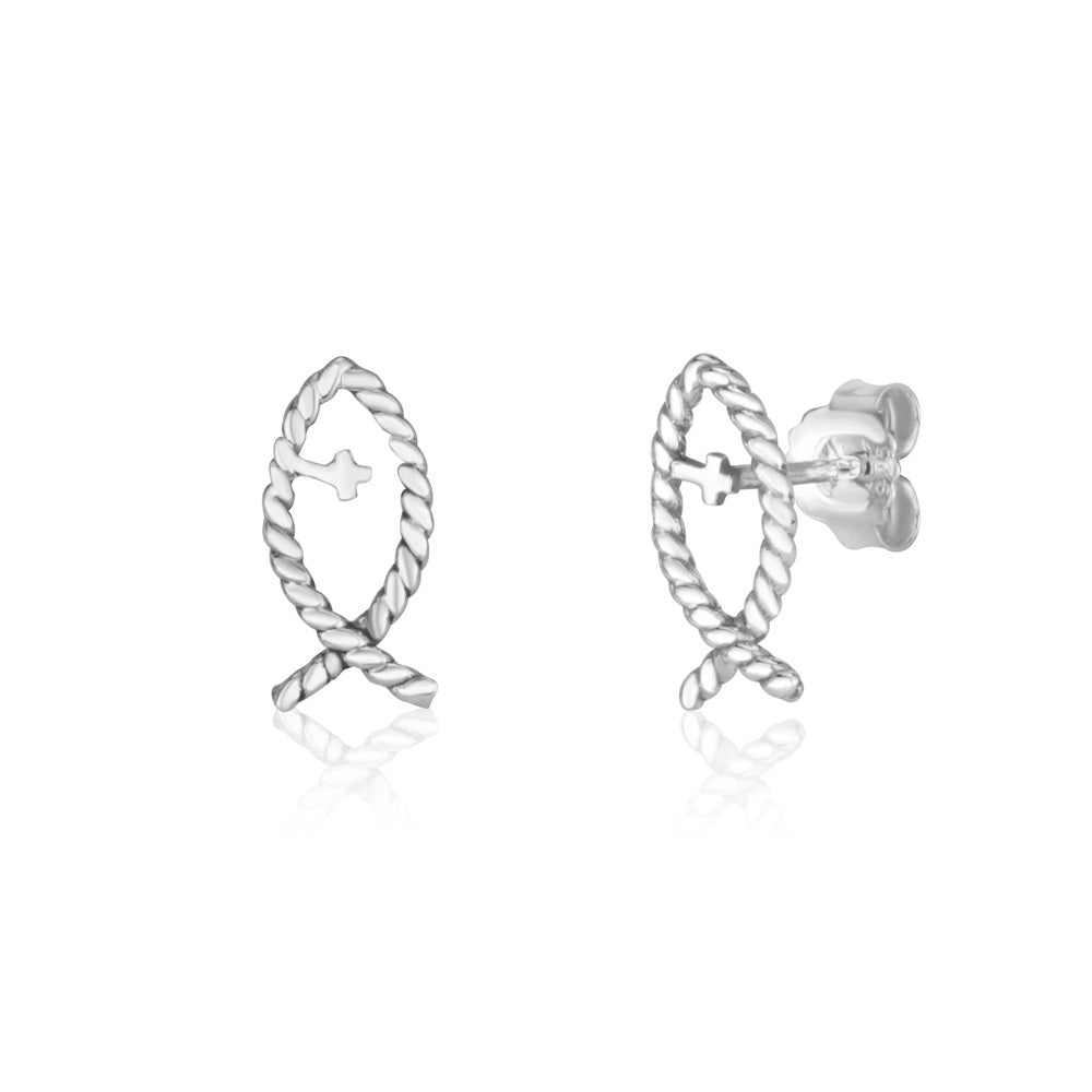 Twisted Rope Ichthus Fish Cross Stud Earrings Sterling Silver Holy Land - Marina Jewelry