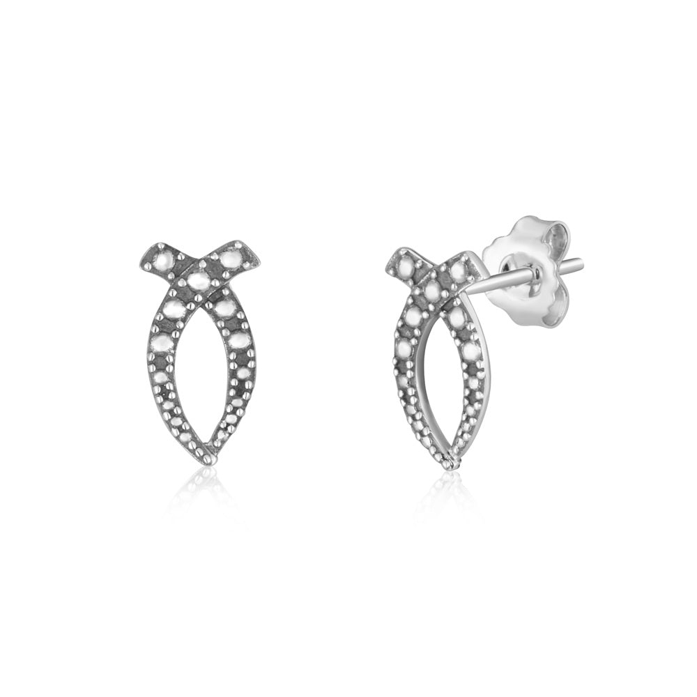 Beaded Ichthus Fish Stud Earrings Oxidized Sterling Silver Holy Land - Marina Jewelry