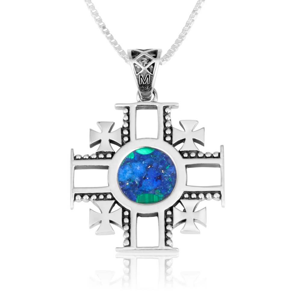 Jerusalem Cross Eilat Stone pendant necklace sterling silver milgrain - Marina Jewelry Holy Land