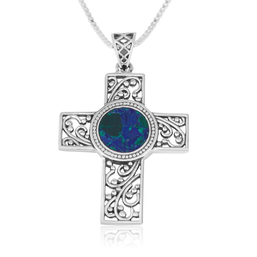 Filigree Cross Eilat Stone Silver Pendant Handmade Jewelry Holy Land Israel - Marina Jewelry Holy Land