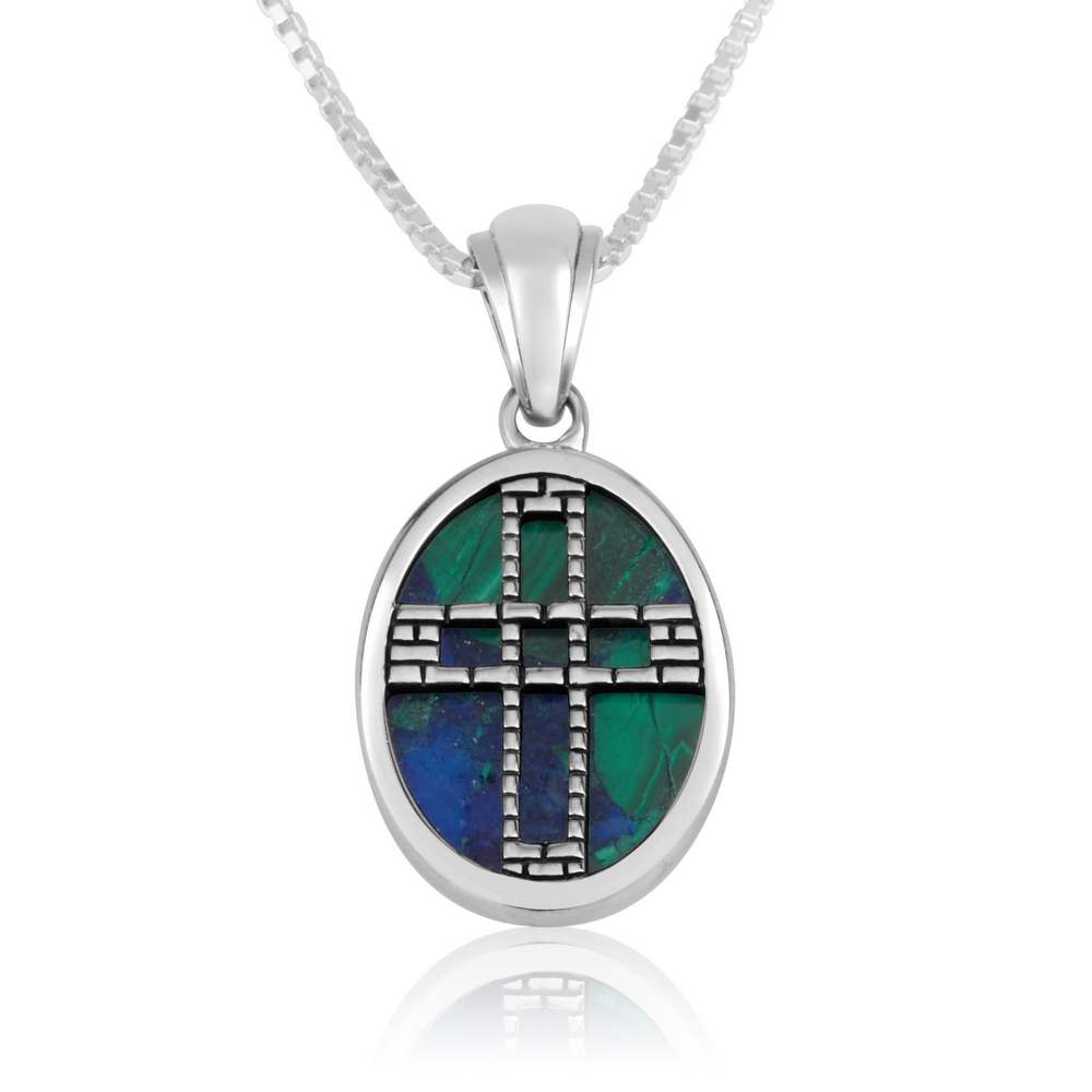 Azurite Stone Cross Sterling Silver Pendant Handmade Fine Jewelry Holy Land - Marina Jewelry Holy Land