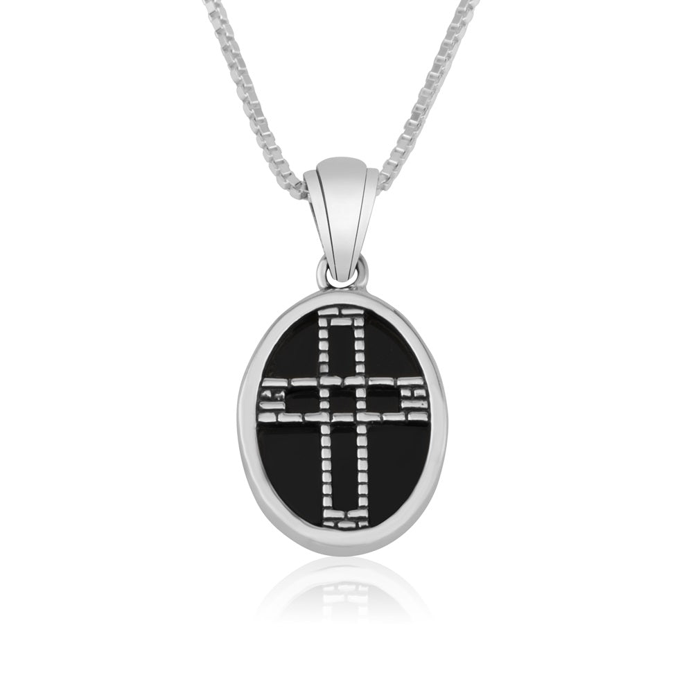 Cross Black Onyx Oval Pendant Sterling Silver Holy Land - Marina Jewelry