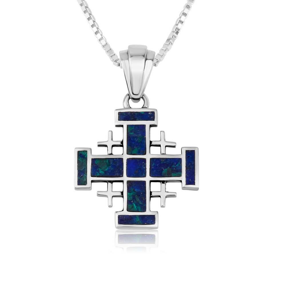 Jerusalem Engraved Cross Eilat Stone Silver Pendant Handmade Jewelry - Marina Jewelry Holy Land