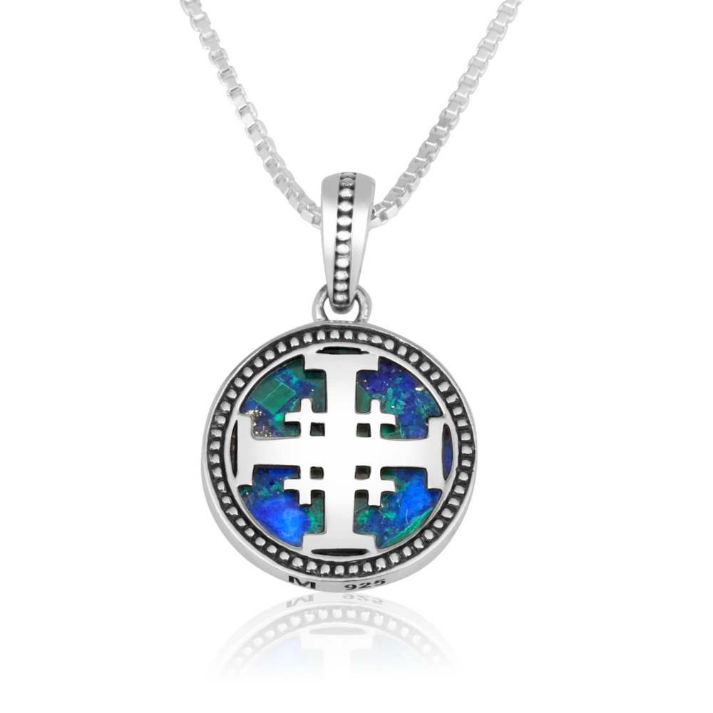 Jerusalem Cross Eilat Stone disc pendant necklace sterling silver cut-out - Marina Jewelry Holy Land