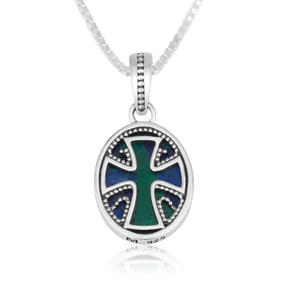 Azurite Stone Cross Sterling Silver Pendant Handmade Jewelry Holy Land Gift Box - Marina Jewelry Holy Land