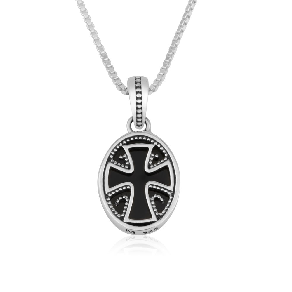 Templar Cross Black Onyx Oval Pendant Sterling Silver Holy Land - Marina Jewelry