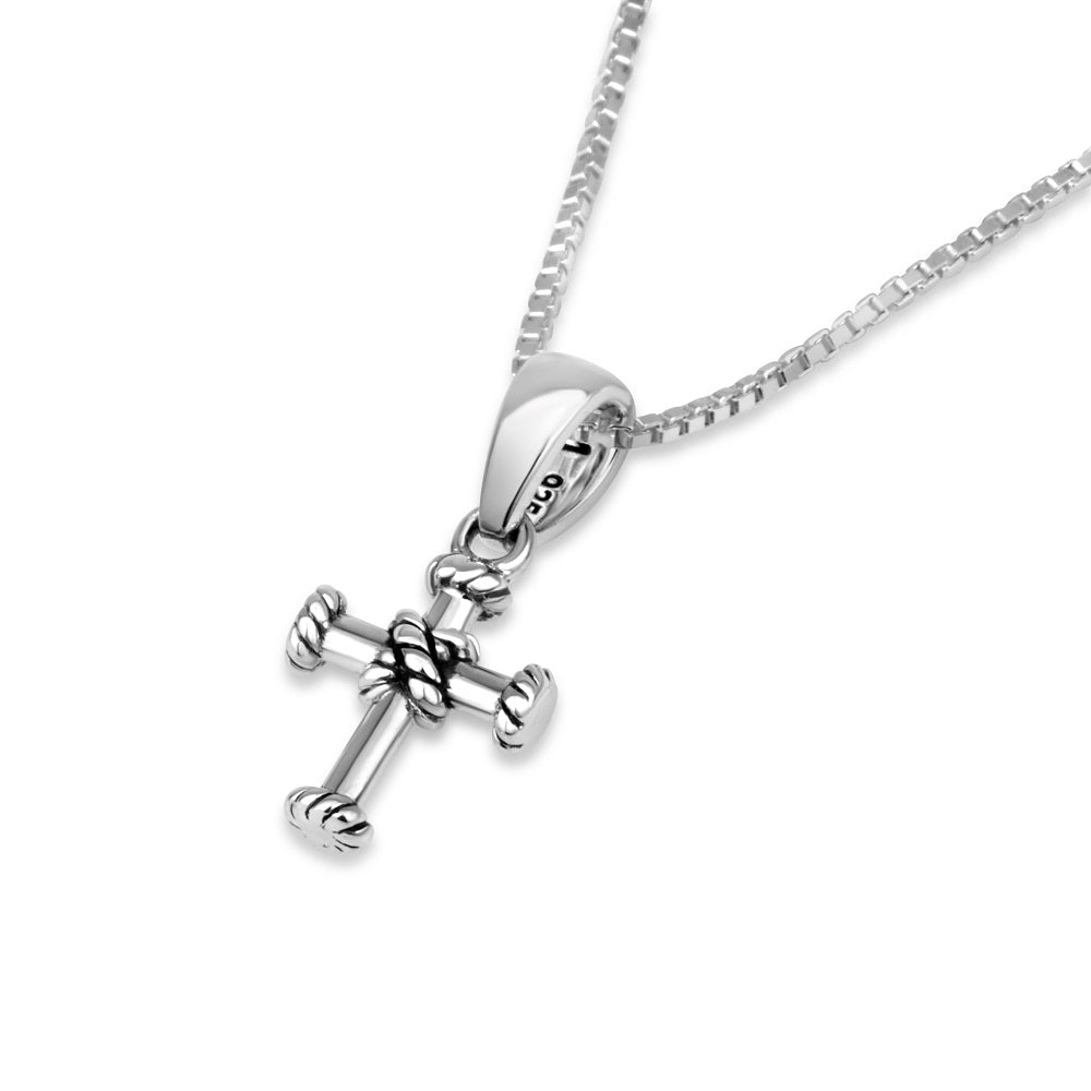 Cross pendant necklace in sterling silver with rope-twist border - Marina Jewelry Holy Land