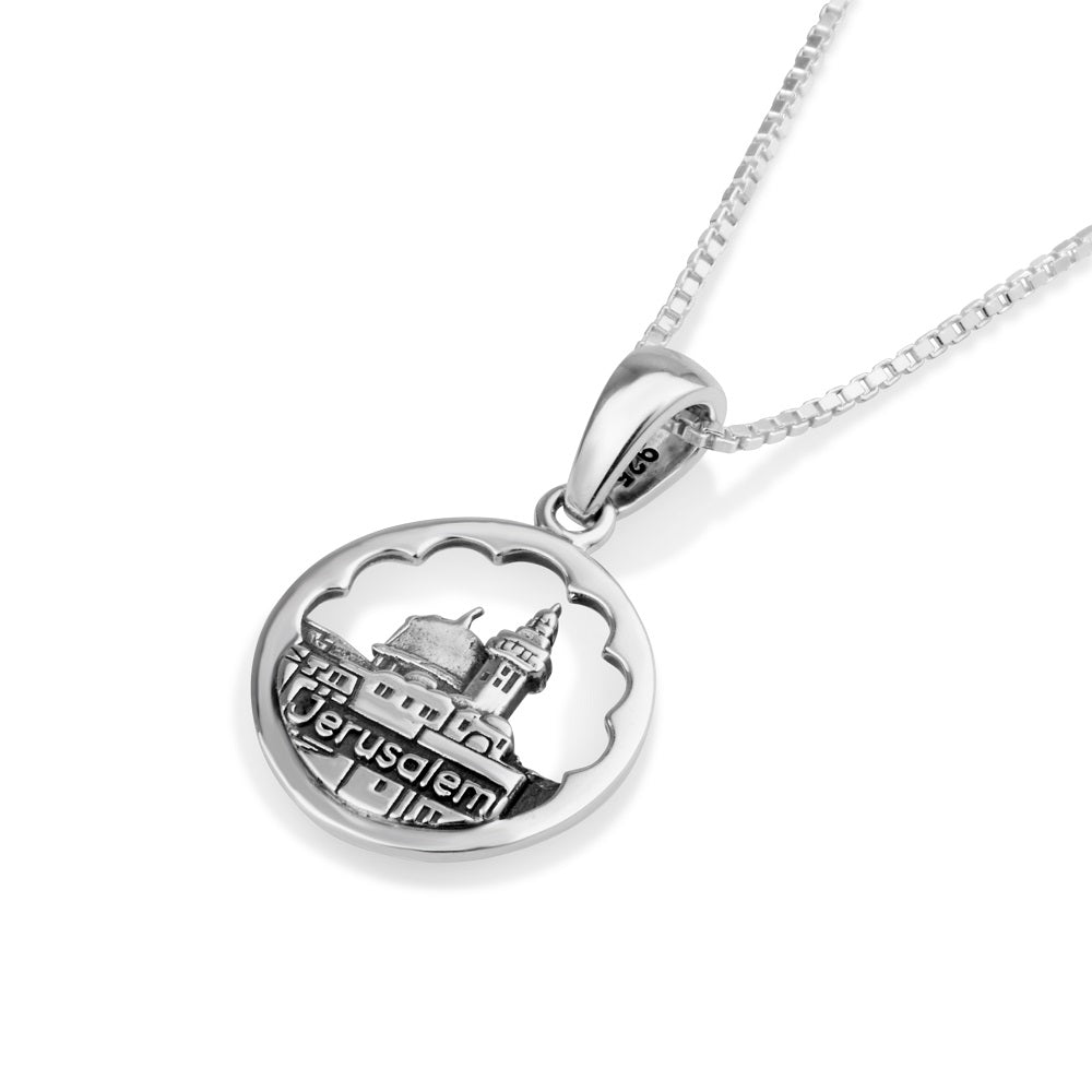 Jerusalem cityscape medallion pendant necklace sterling silver Holy Sepulchre - Marina Jewelry Holy Land