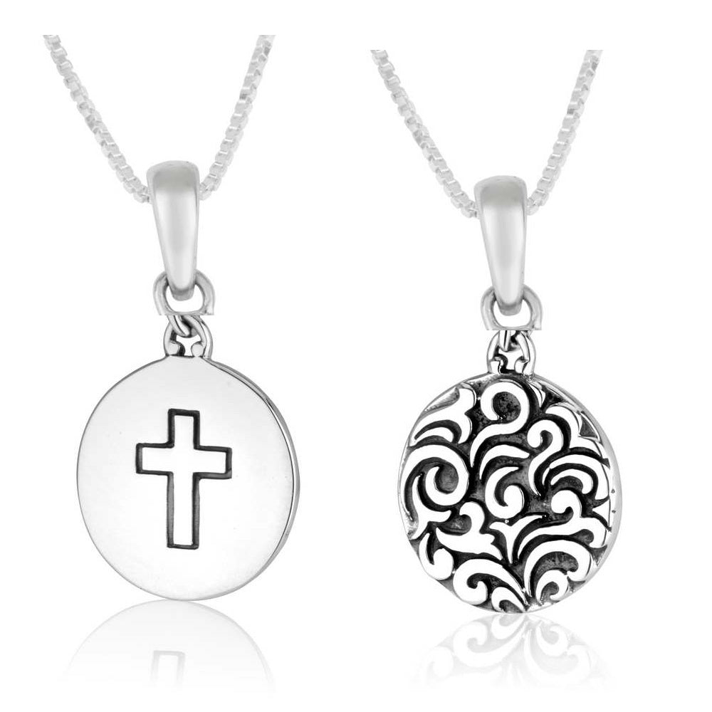Cross disc medallion pendant necklace oxidized sterling silver - Marina Jewelry Holy Land