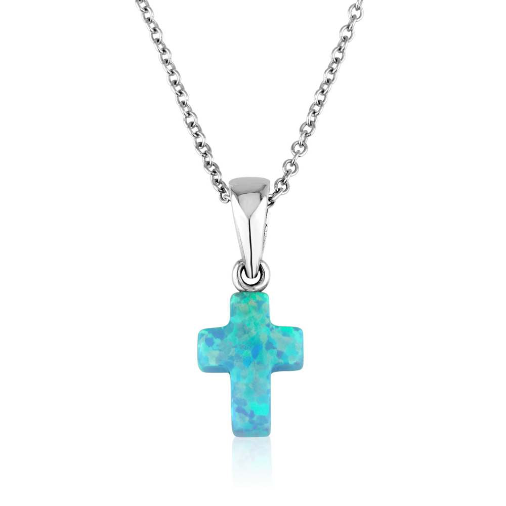 Blue opal cross pendant necklace sterling silver carved opal stone - Marina Jewelry Holy Land