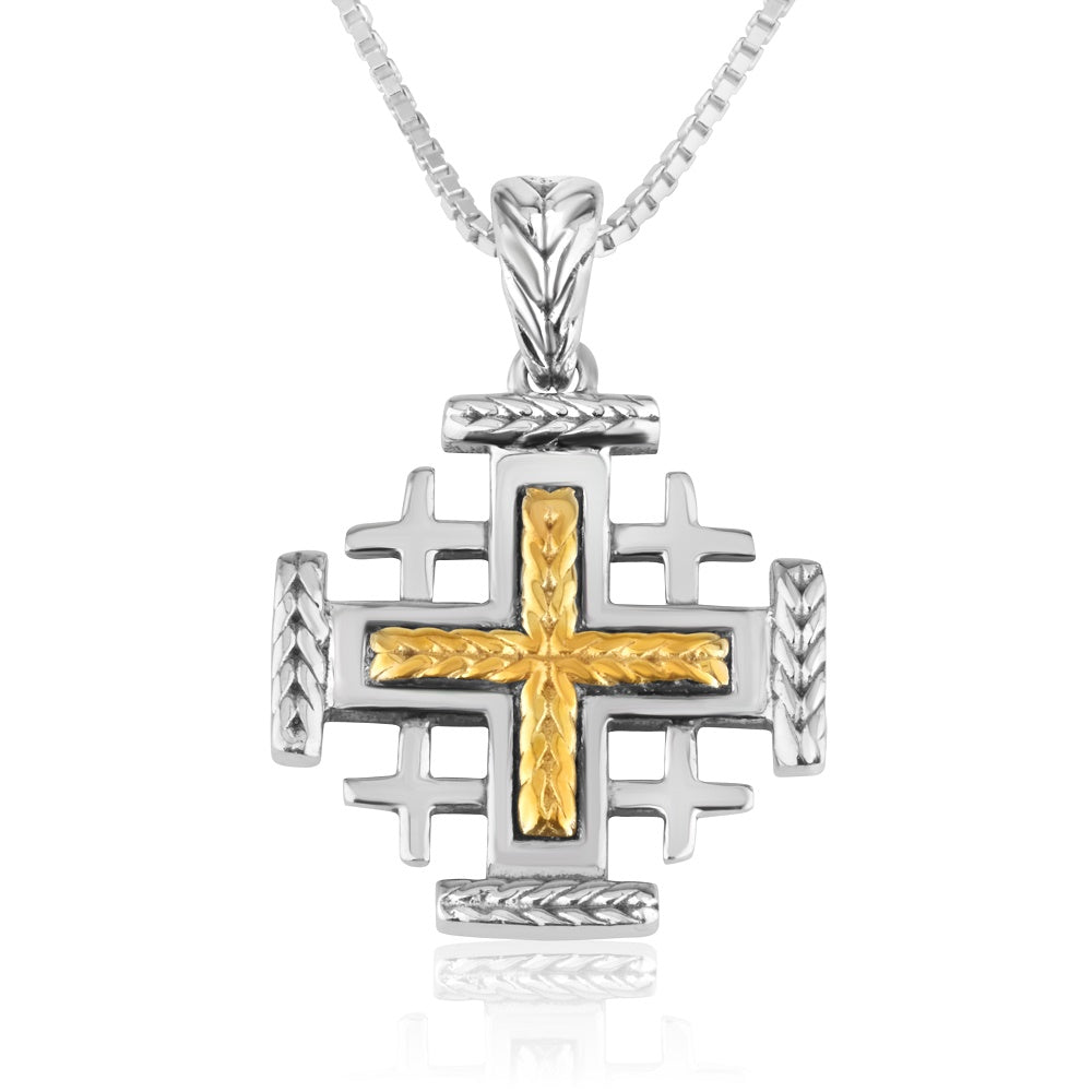 Gold Textured Jerusalem Engraved Cross Silver Pendant Handmade Jewelry Holy Land - Marina Jewelry Holy Land