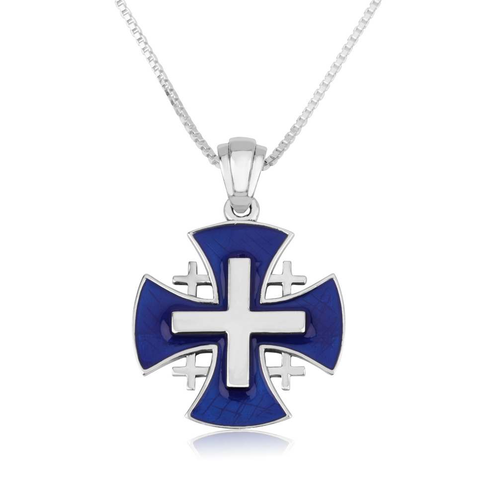 Jerusalem Engraved Cross Blue Enamel Silver Pendant Handmade Jewelry Holy Land - Marina Jewelry Holy Land