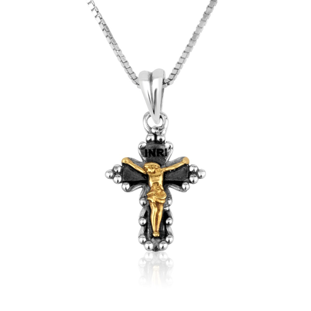 Budded cross pendant necklace gold plated sterling silver two-tone - Marina Jewelry Holy Land