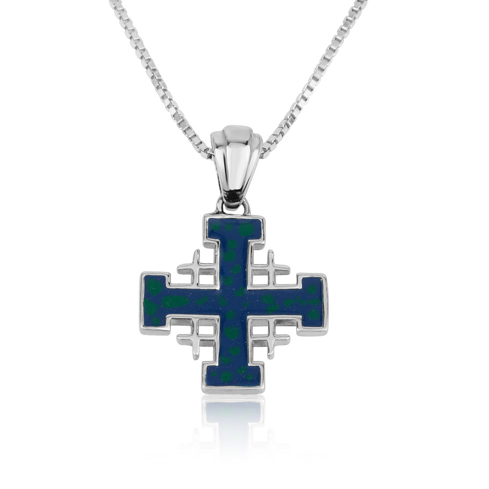 Jerusalem Cross Green Blue Enamel Pendant - Sterling Silver 925, Holy Land