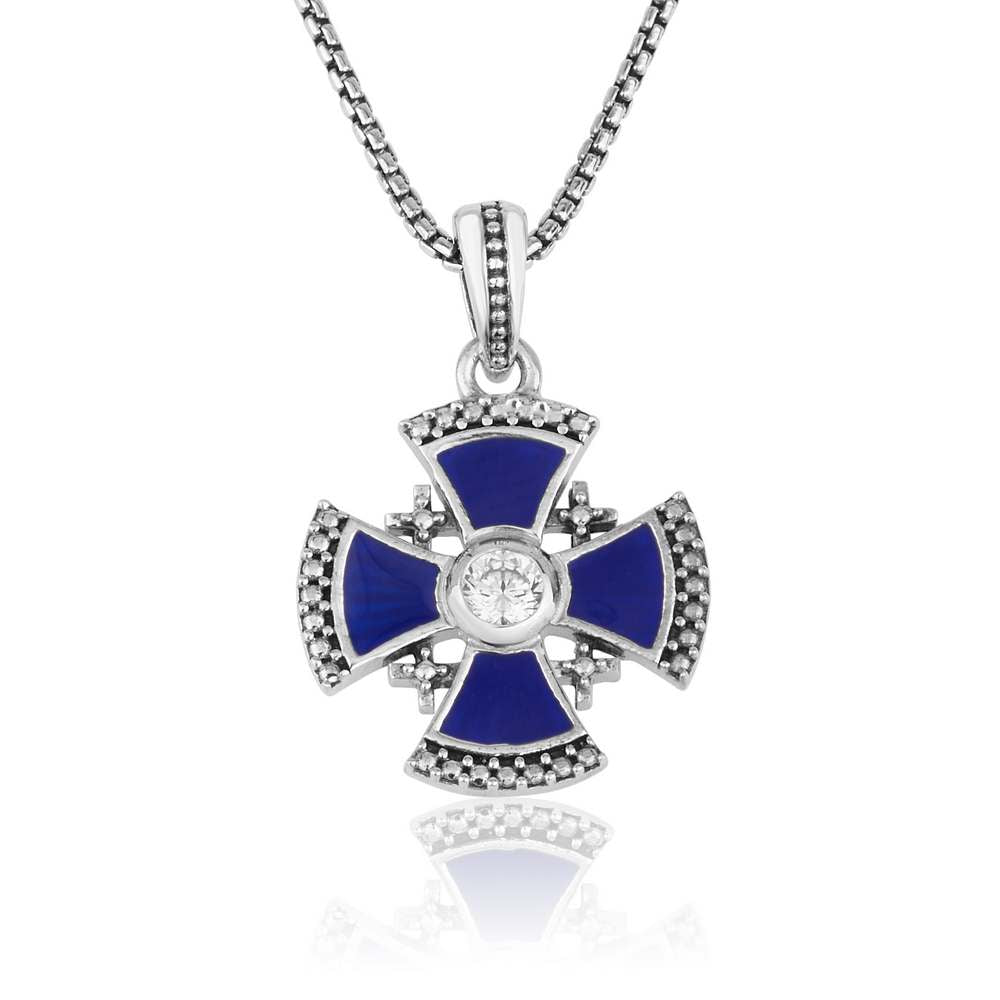 Jerusalem Engraved Cross Zircon Stone Silver Pendant Handmade Jewelry Holy Land - Marina Jewelry Holy Land
