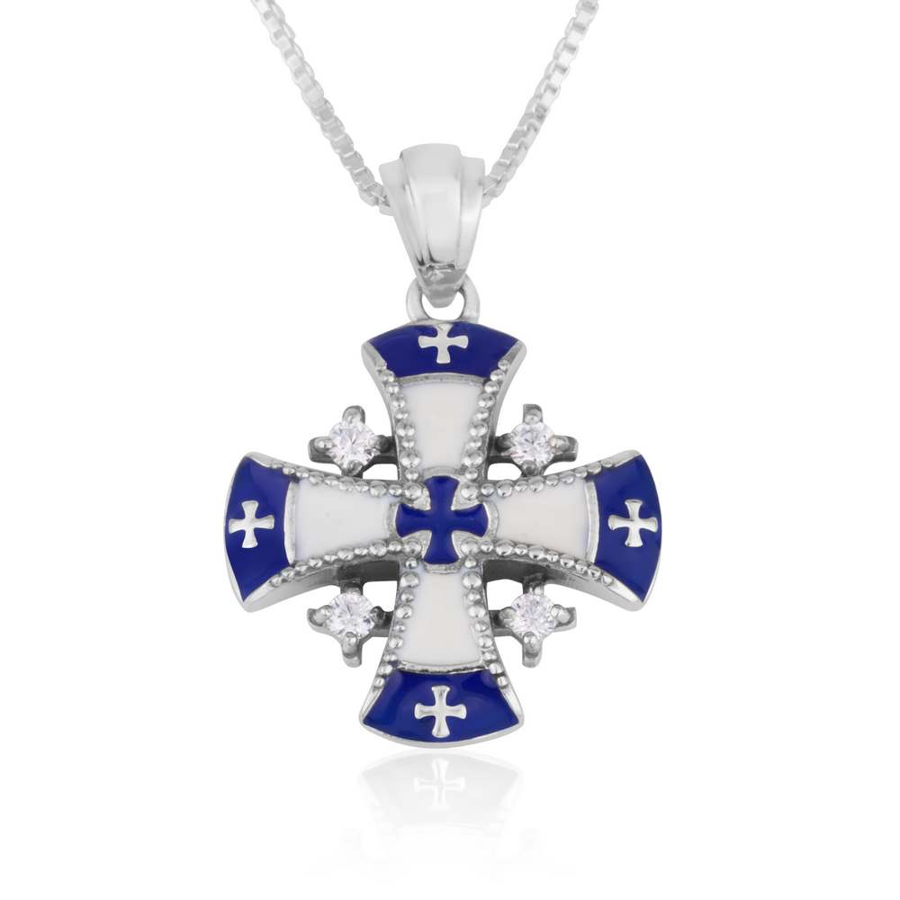 Jerusalem Cross Zircon Stone Enamel Pendant Silver Handmade Jewelry Holy Land - Marina Jewelry Holy Land