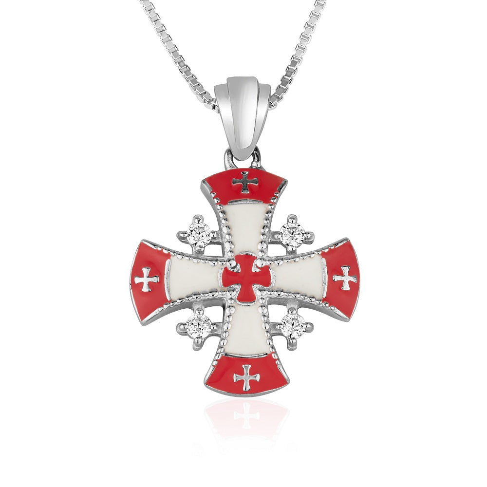 Jerusalem Cross Red White Enamel CZ Pendant - Sterling Silver 925, Holy Land - Marina Jewelry Holy Land