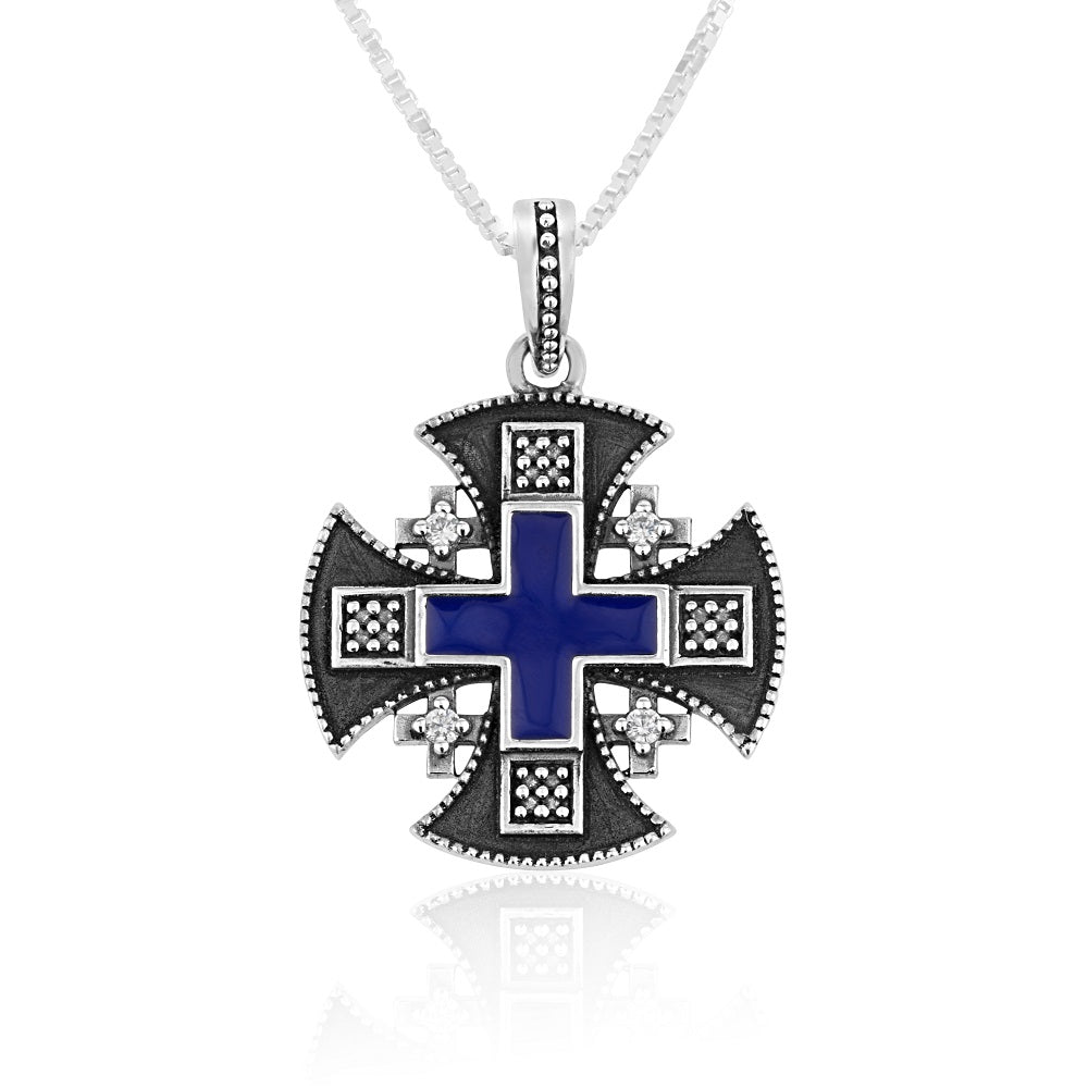 Jerusalem Engraved Cross Pendant Silver Blue Enamel Handmade Jewelry Holy Land - Marina Jewelry Holy Land