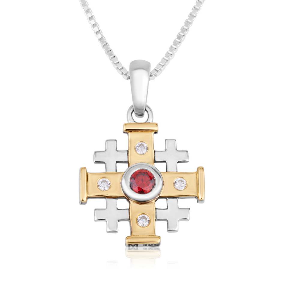 Golden Jerusalem Engraved Cross Pendant Silver Garnet Handmade Jewelry Holy Land - Marina Jewelry Holy Land