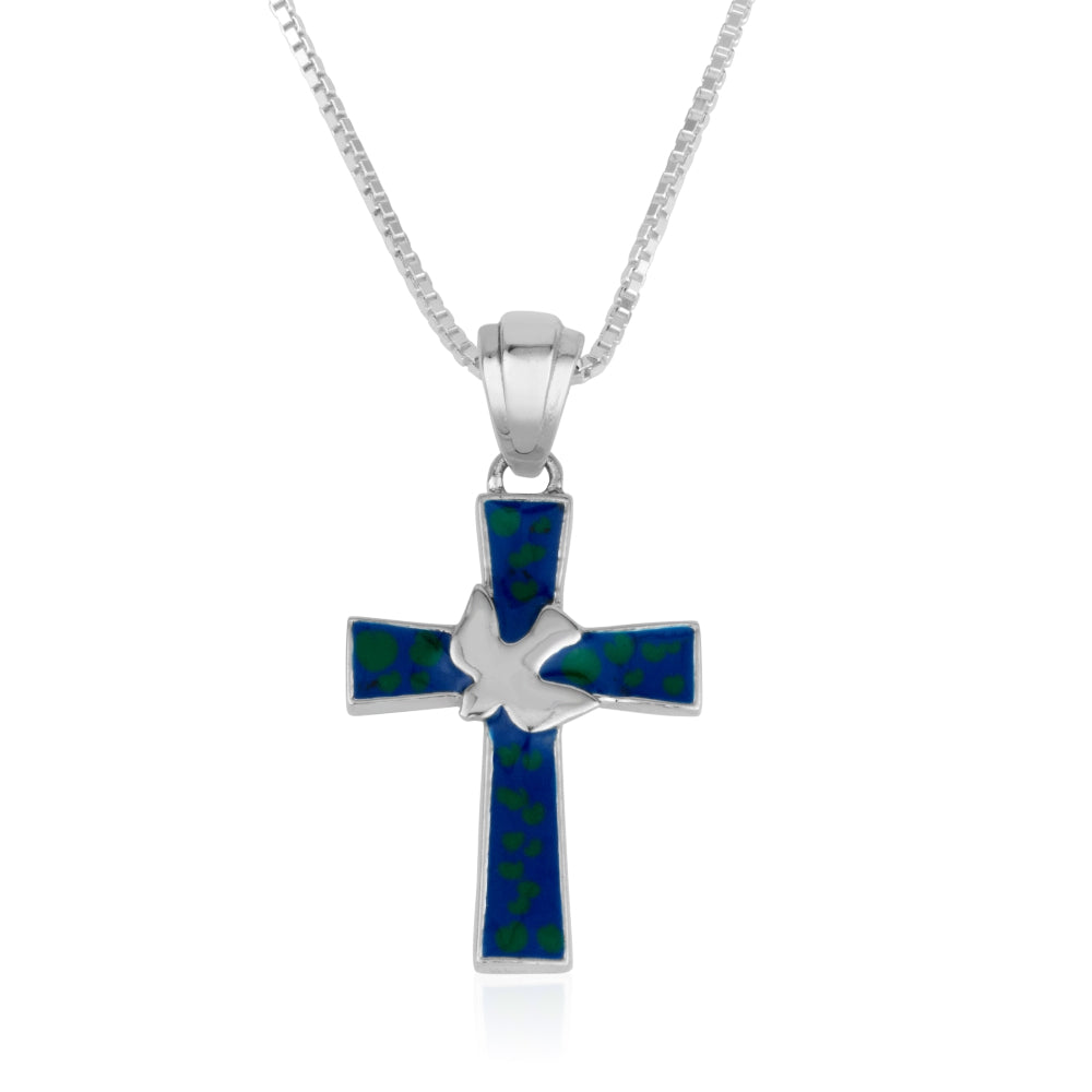 Eilat Stone Cross Dove Pendant Sterling Silver Holy Land - Marina Jewelry