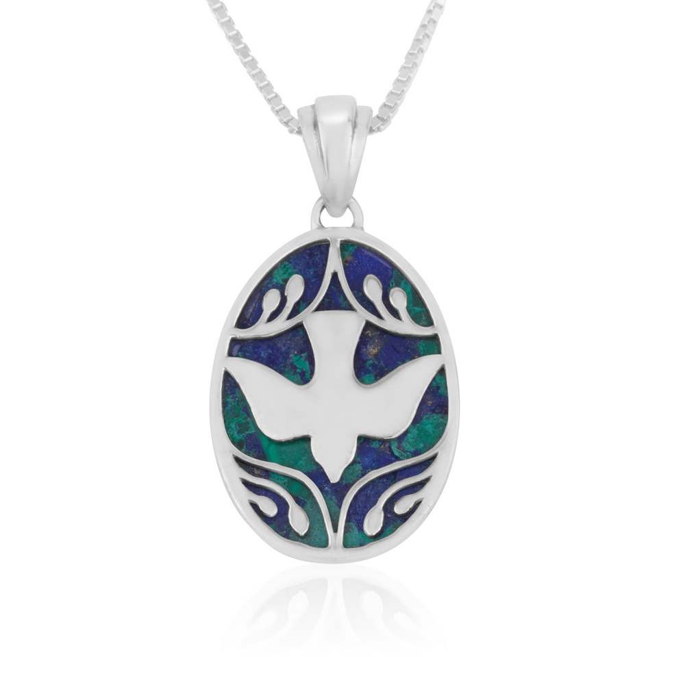 Dove Peace Eilat Stone Pendant Silver Christian Embellished Jewelry Holy Land - Marina Jewelry Holy Land