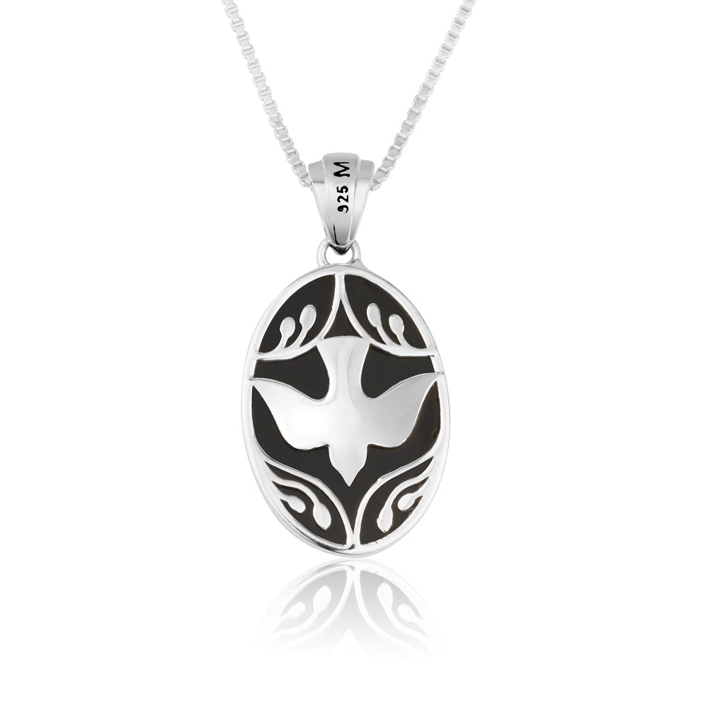 Dove Black Onyx Oval Pendant Sterling Silver Holy Land - Marina Jewelry