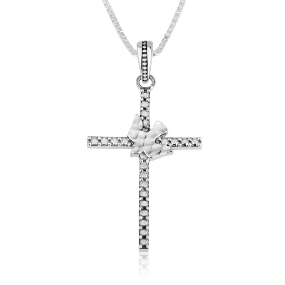 Dove and Textured Cross Silver Pendant - Marina Jewelry Holy Land