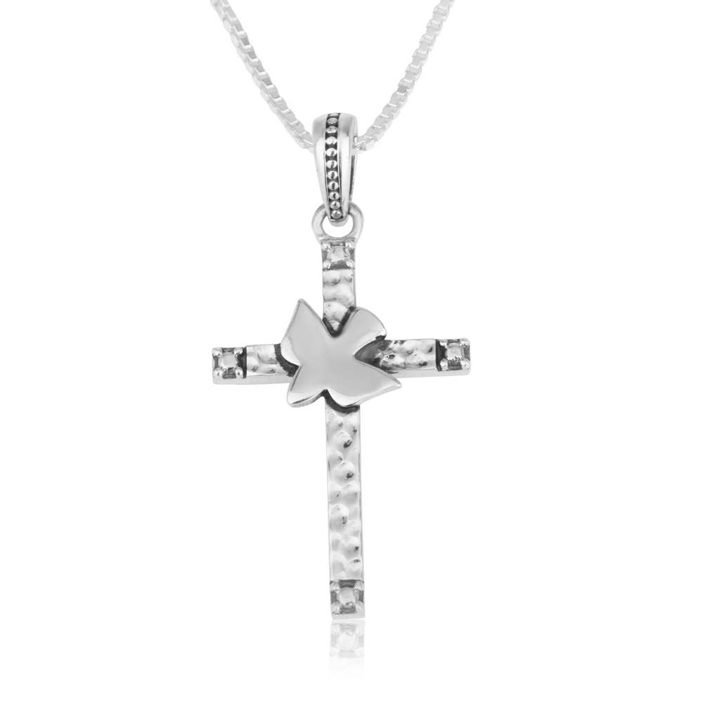 Dove and Textured Cross Silver Pendant - Marina Jewelry Holy Land
