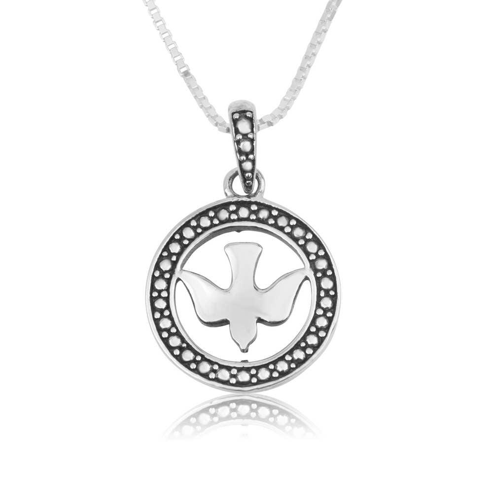 Round Dove Peace Serenity Silver Embellished Pendant Christian Jewelry Holy Land - Marina Jewelry Holy Land