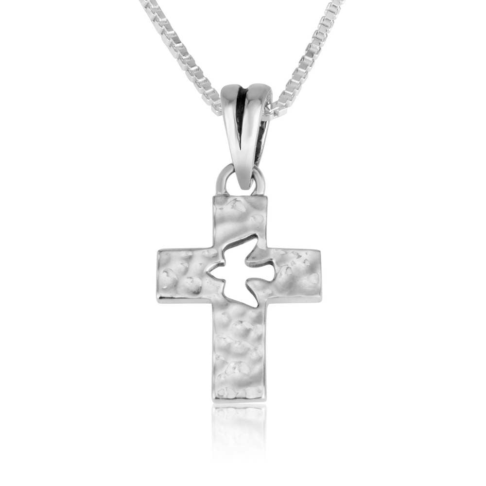 Dove and Textured Cross Silver Pendant - Marina Jewelry Holy Land