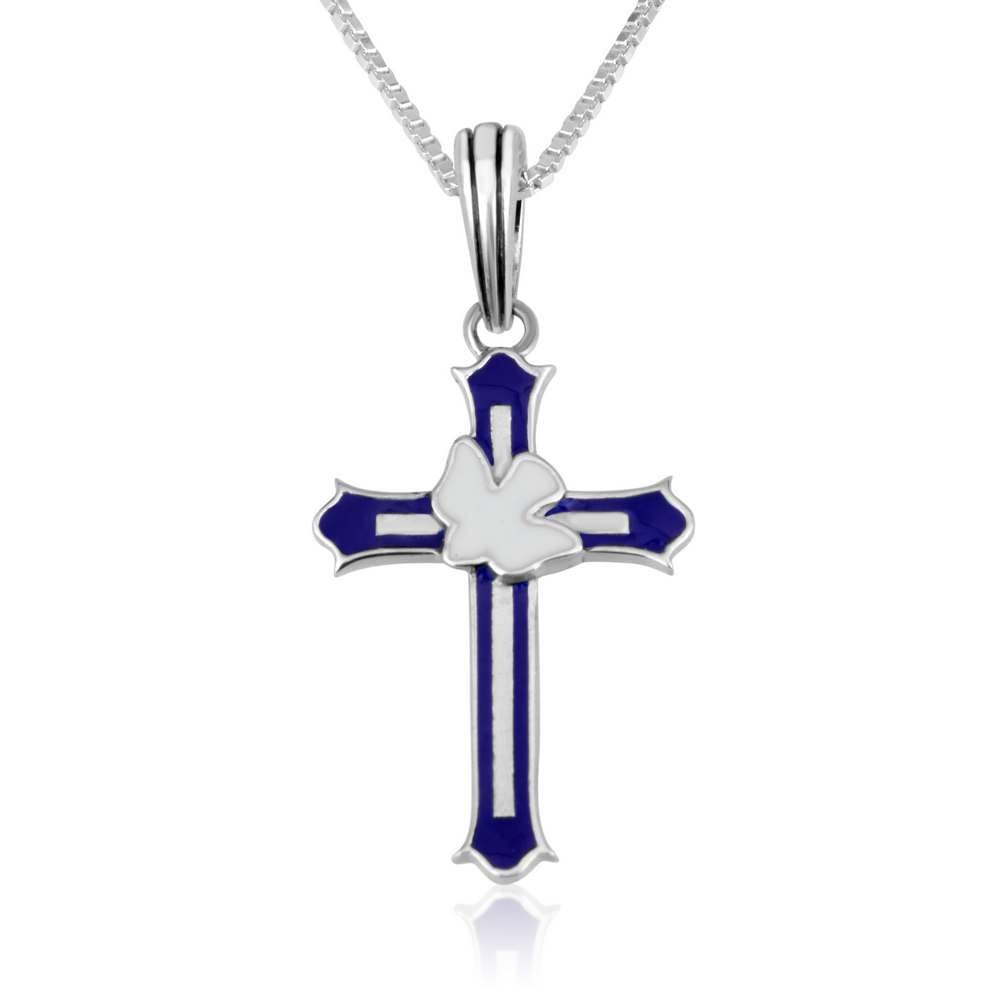 Cross Engraved Dove Blue Enamel Silver Pendant Jewelry Christian Holy Land - Marina Jewelry Holy Land
