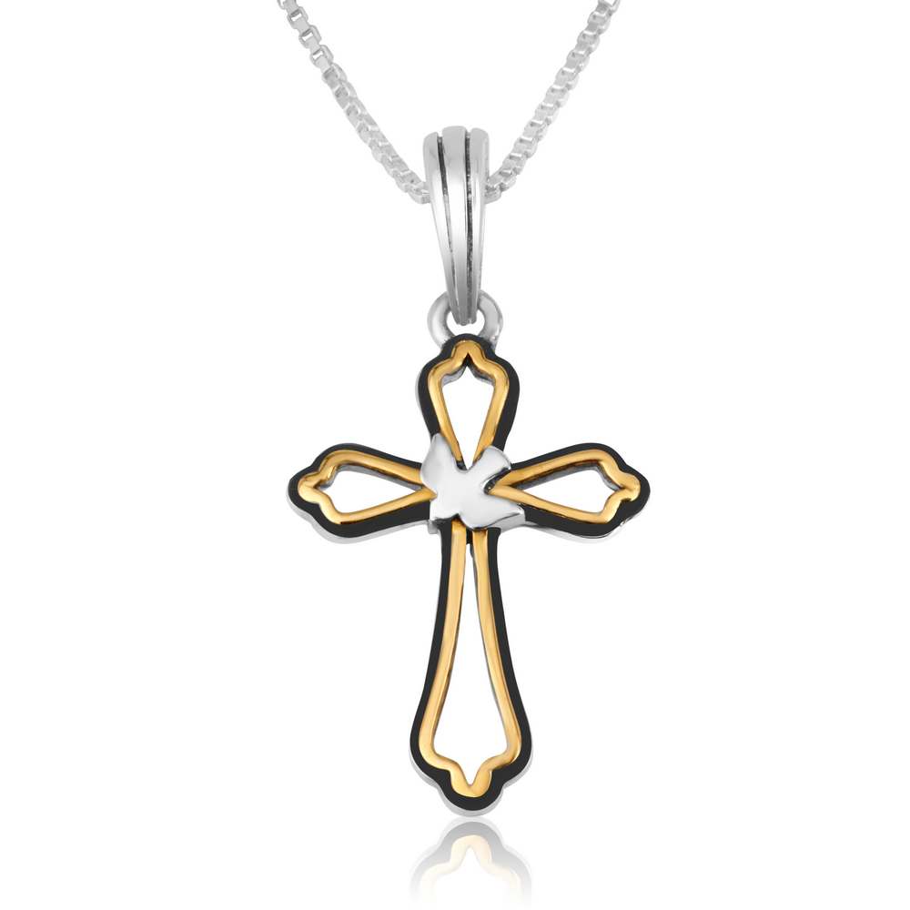 Cross Dove Gold Plated Pendant Silver Christian Embellished Jewelry Holy Land - Marina Jewelry Holy Land