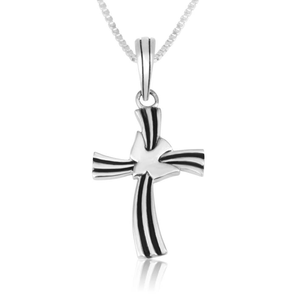 Wavy Cross and Dove Silver Pendant - Marina Jewelry Holy Land