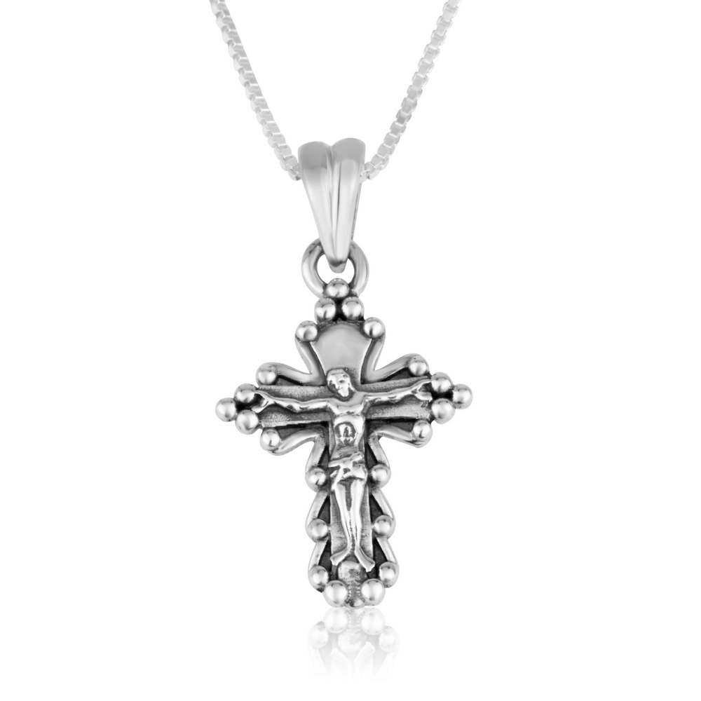 Crucifix Pendant Sterling Silver Classic Polished Embellished Jewelry Holy Land - Marina Jewelry Holy Land