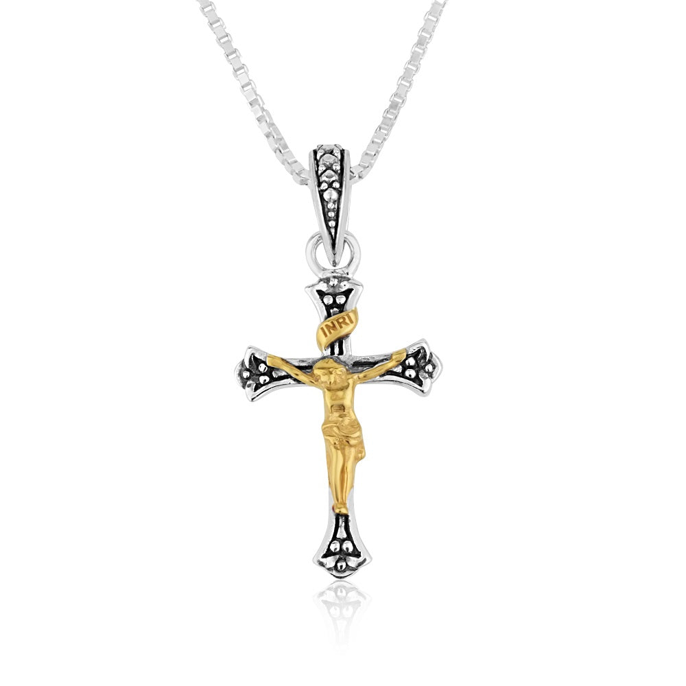 crucifix pendant necklace gold plated sterling silver Christ in relief - Marina Jewelry Holy Land