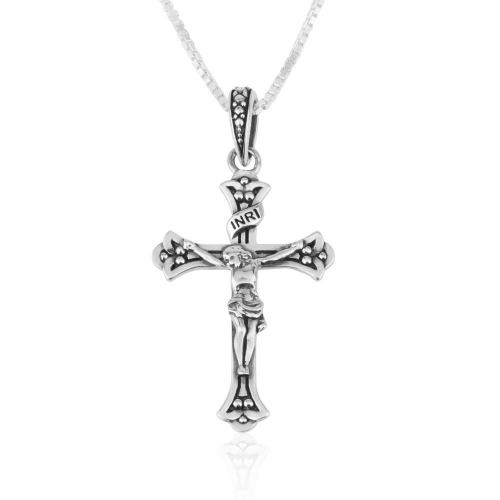 Crucifix Engraved Cross Classic Polished Pendant Silver Jewelry Holy Land - Marina Jewelry Holy Land