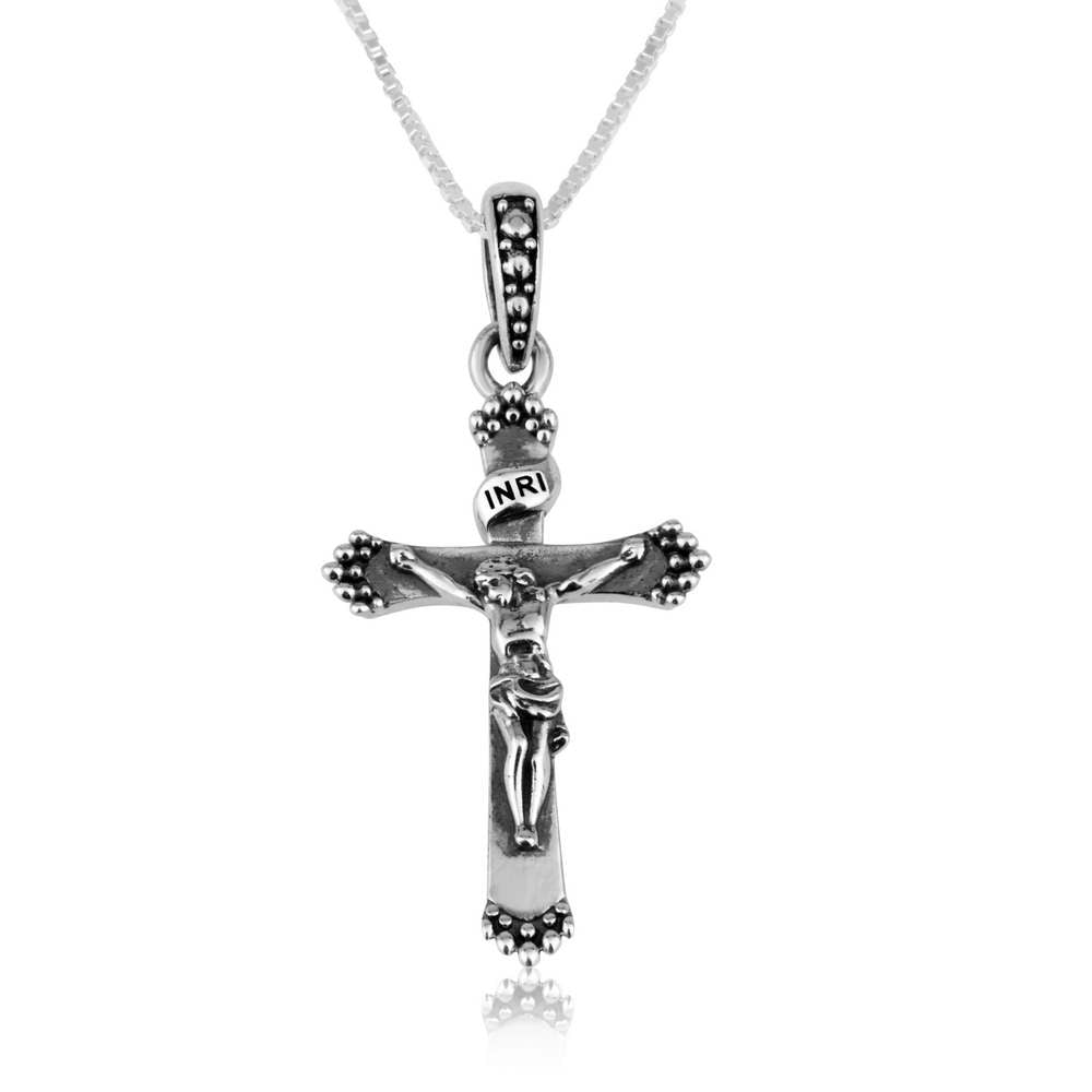 Crucifix Sterling Silver Pendant Embellished Classic Polished Jewelry Holy Land - Marina Jewelry Holy Land