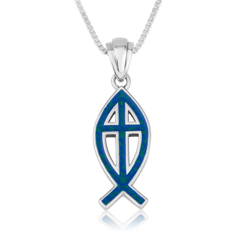 Fish polished pendant with Green Blue Enamel sterling silver 925 - Marina Jewelry Holy Land