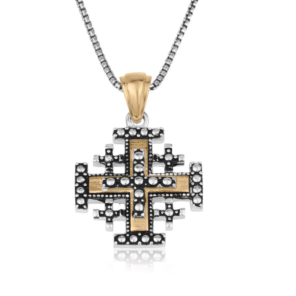 Jerusalem Engraved Cross Beaded Pendant Silver Handmade Jewelry Holy Land - Marina Jewelry Holy Land