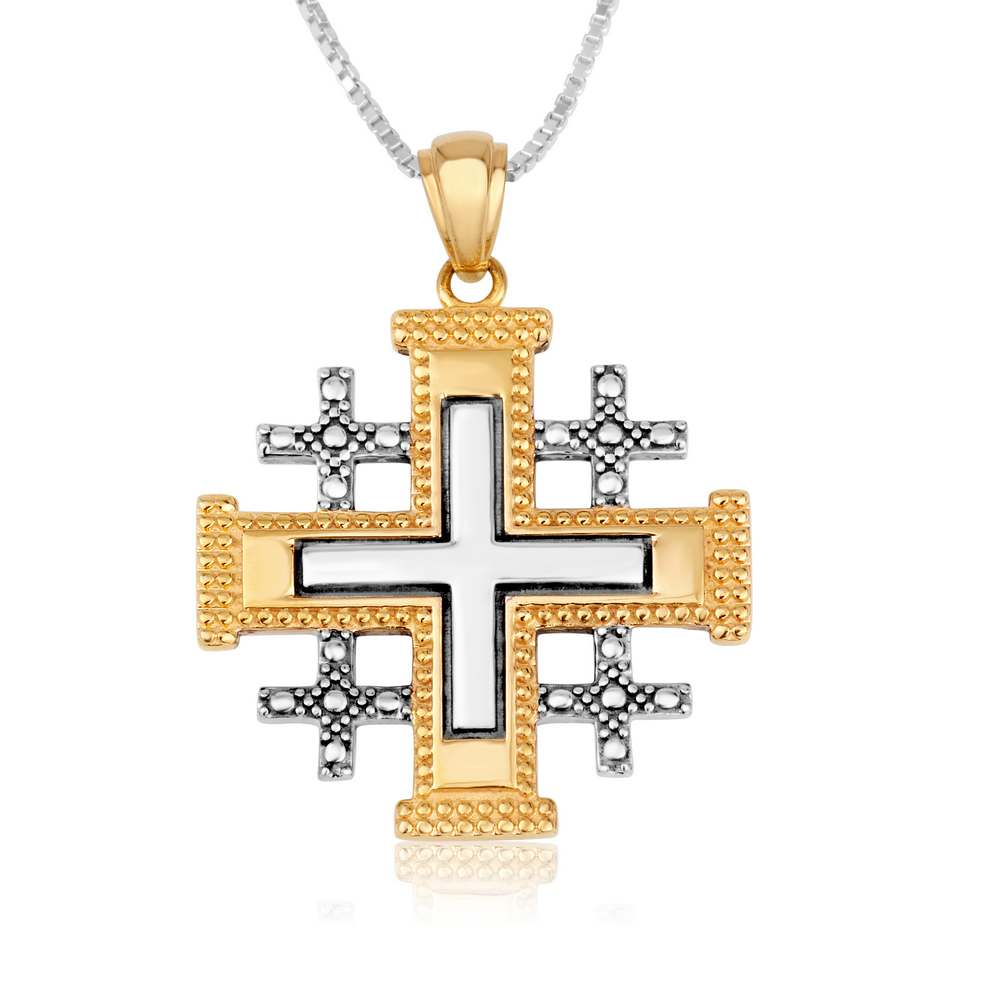 Textured Golden Jerusalem Cross silver Pendant made in the Holy Land - Marina Jewelry Holy Land